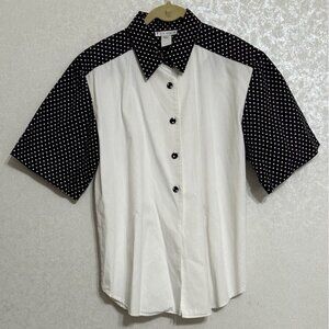 Vintage FL‎ Malik Hidden Button Up Shirt White Black Polka Dot Short Sleeve Sz L